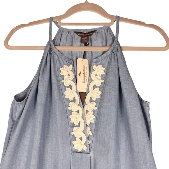 Tommy Bahama Chambray Embellished Casual Distressed Halter Dress Size XS Blue - Picture 3 of 7